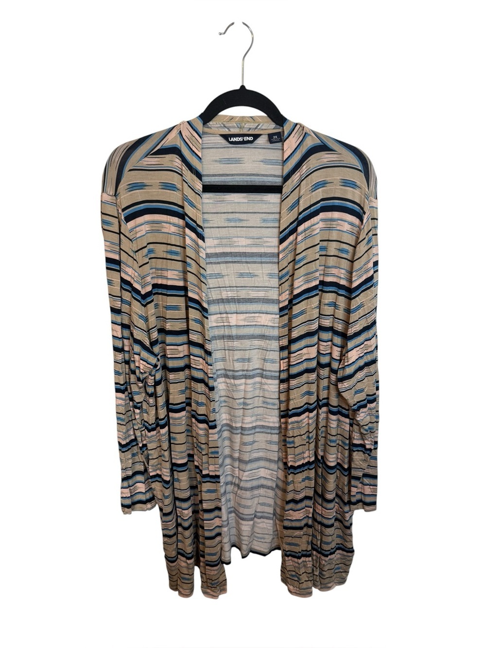 Lands’ End Beige and Blue Jersey Knit Open Front Flowy Cardigan
